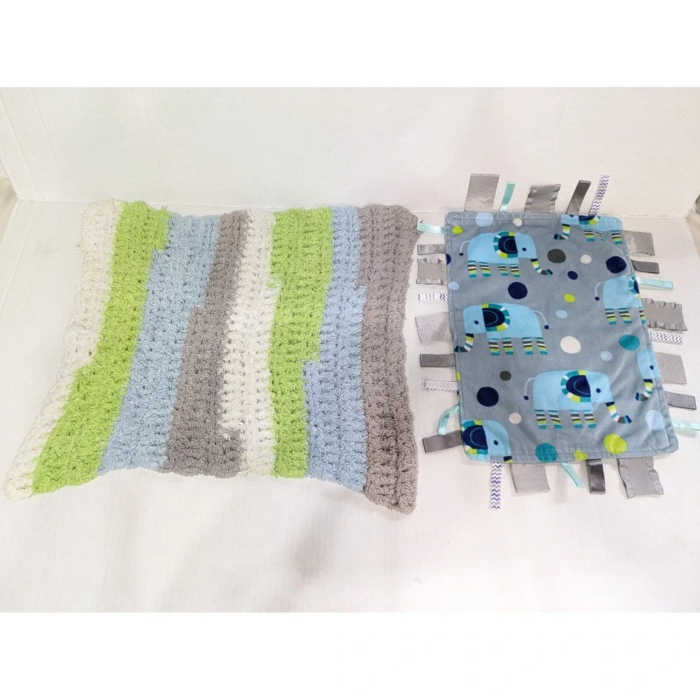 Baby Boy Blanket & Lovey Blue Green Elephant Satin Taggie Ribbon Crochet Striped